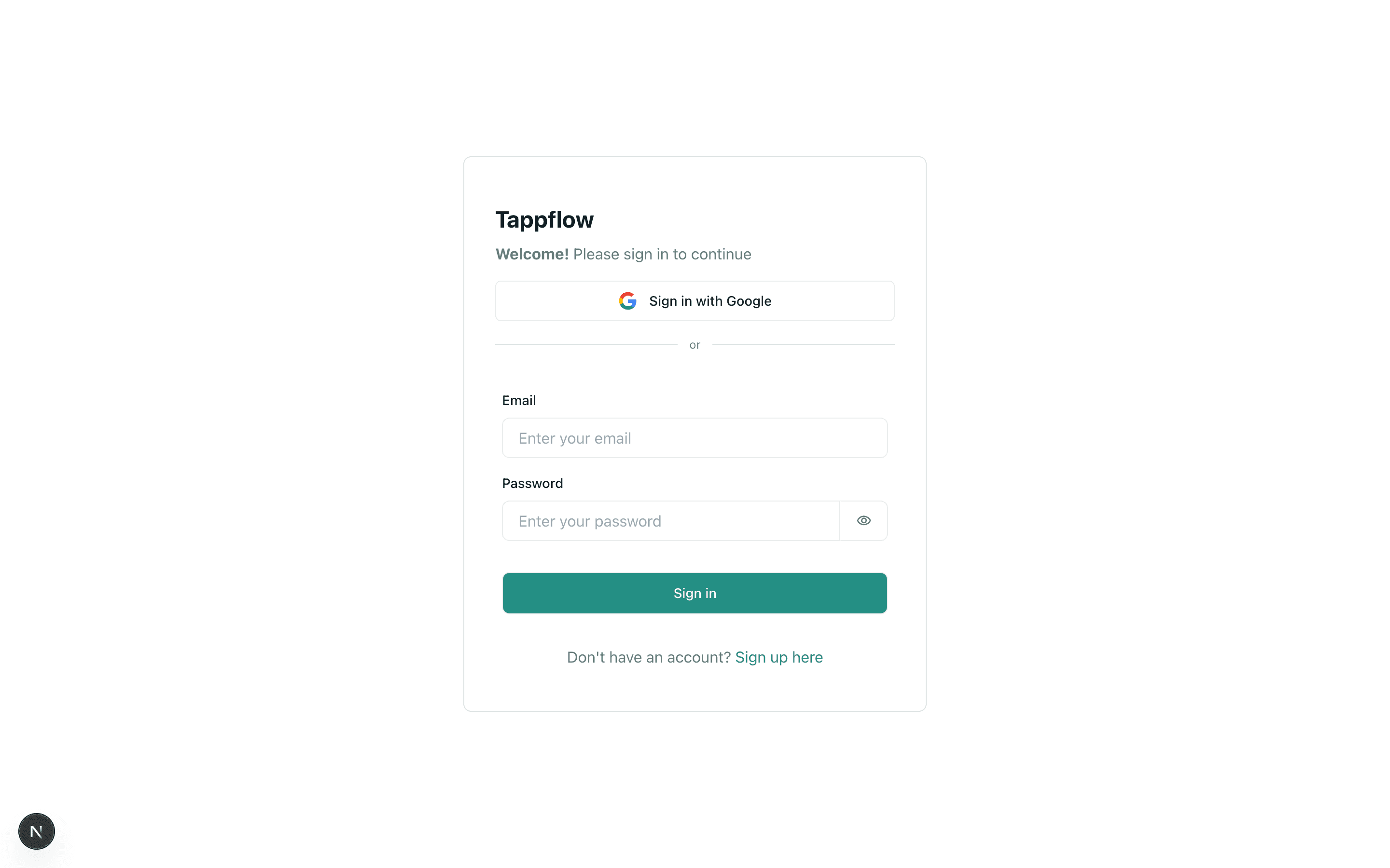Tappflow sign-in page for restaurant owners creating a digital menu
