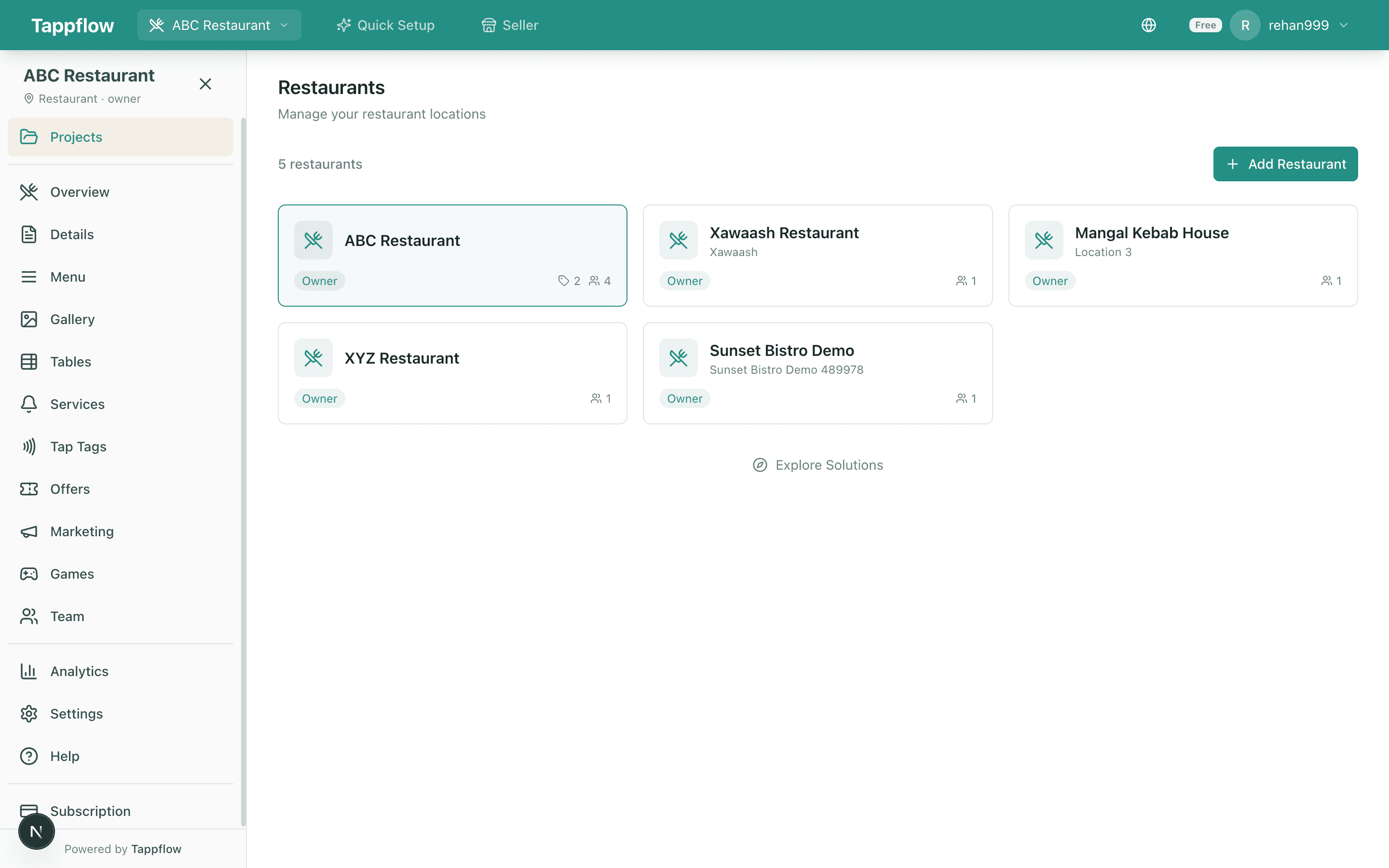 Tappflow restaurants dashboard β add a new restaurant to start building a digital menu