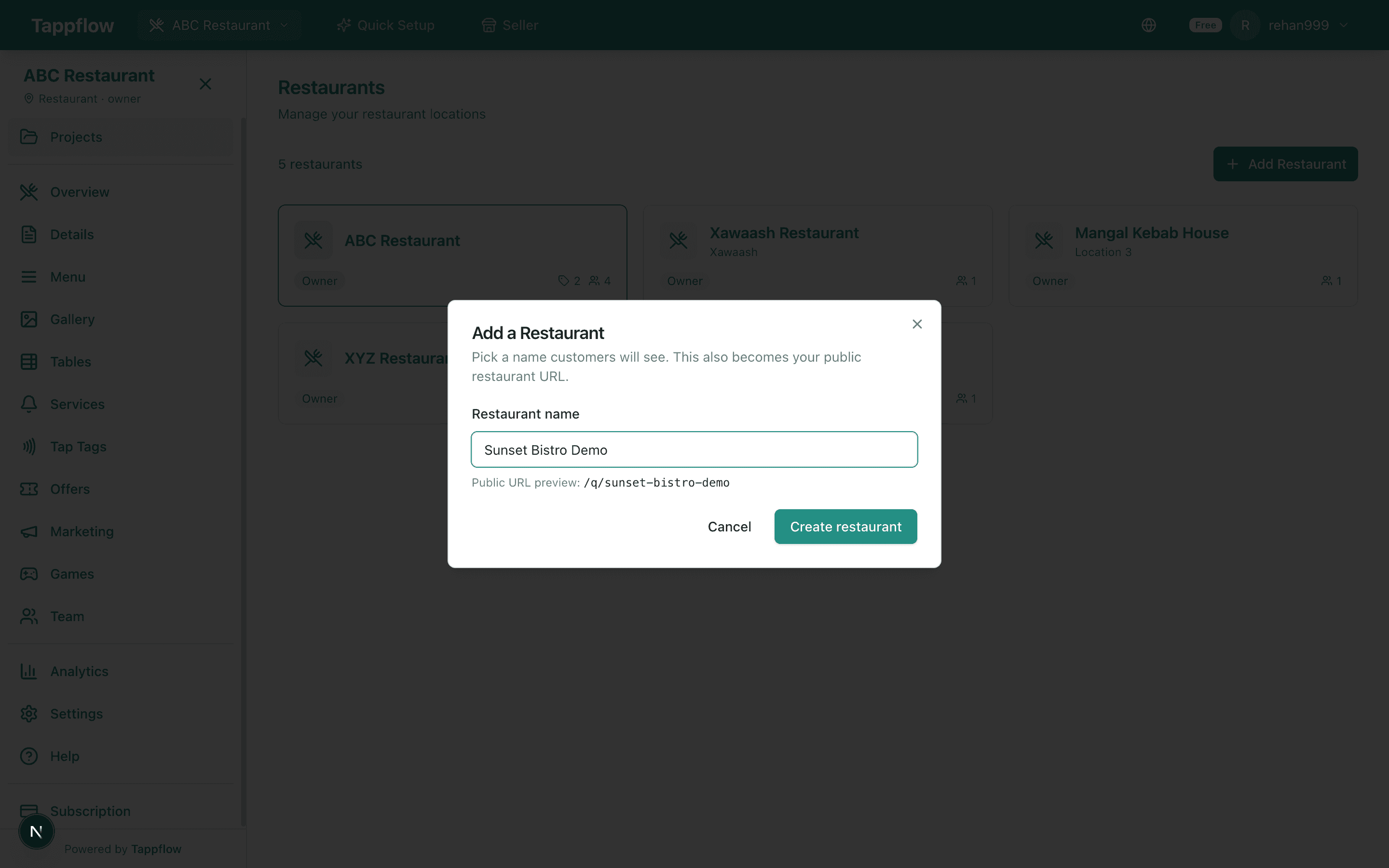 Create restaurant dialog with a live preview of the public menu URL