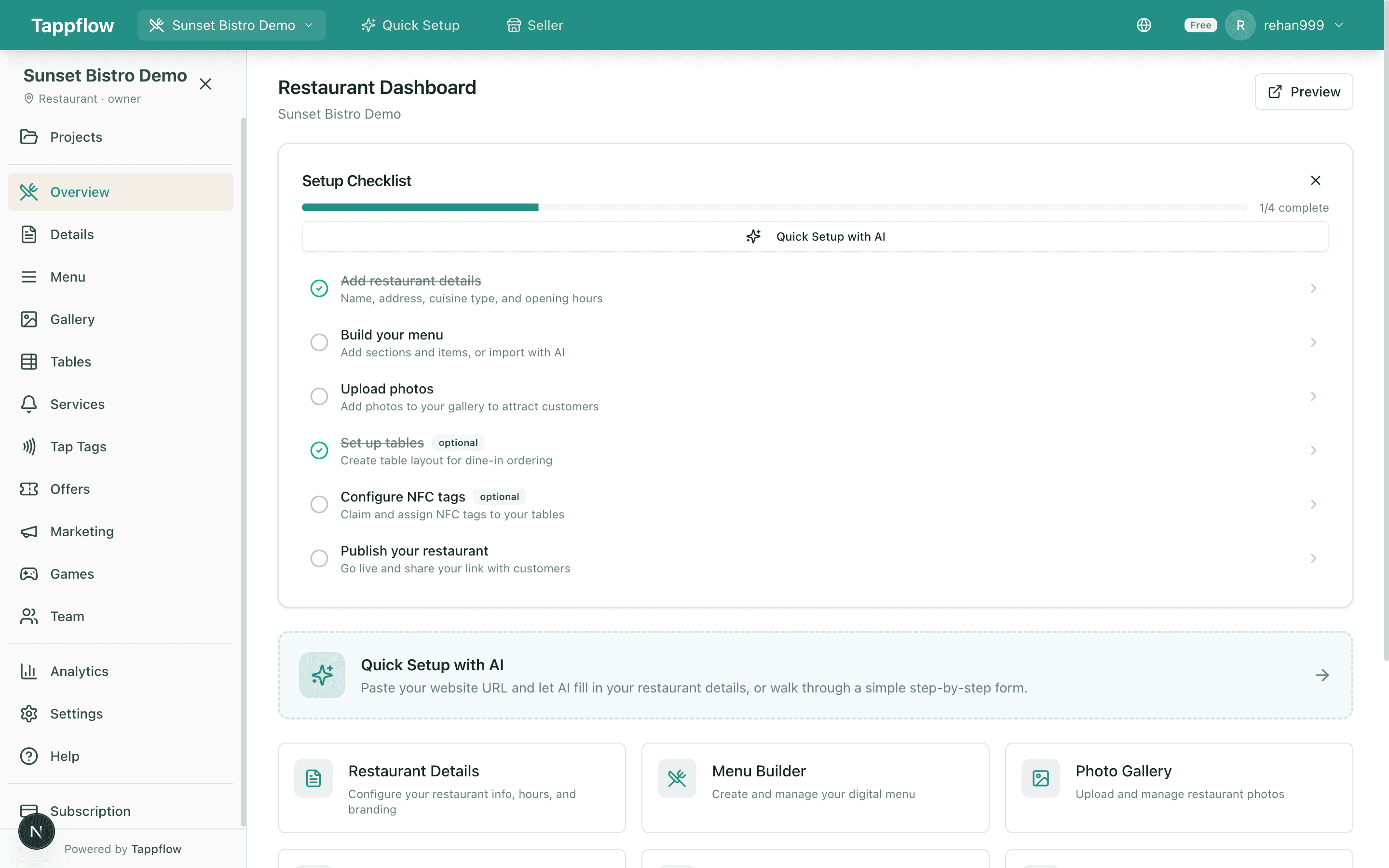 New restaurant dashboard with a setup checklist