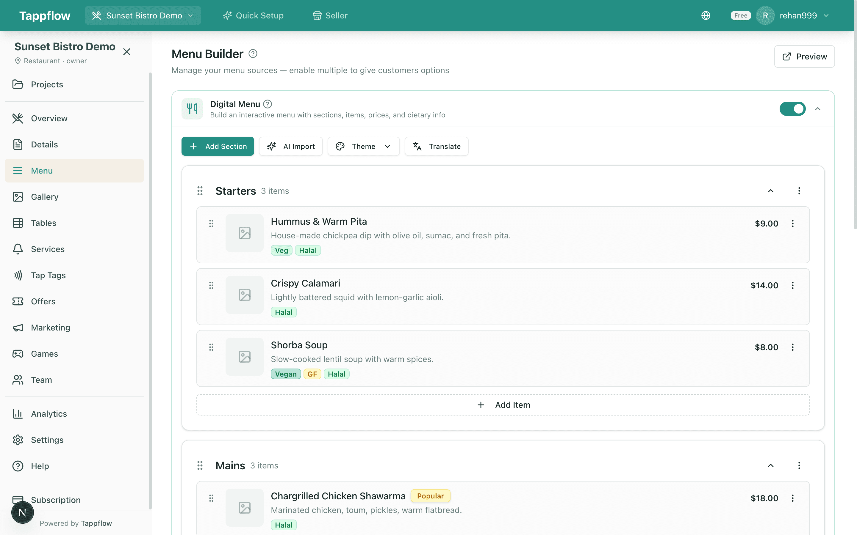 Tappflow digital menu editor with sections, items, prices, and dietary tags