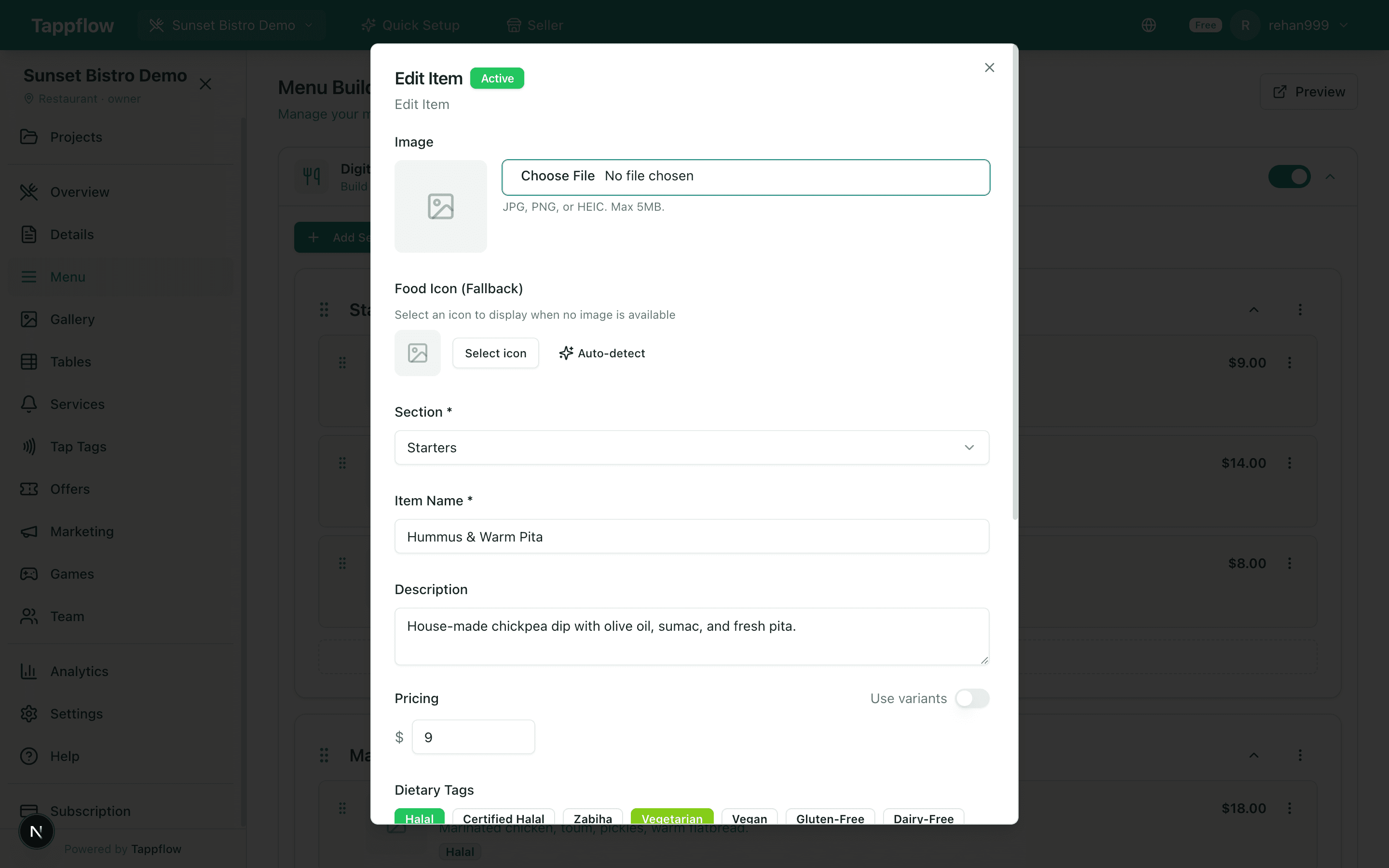 Tappflow menu item editor with dietary tags, variants, and description fields