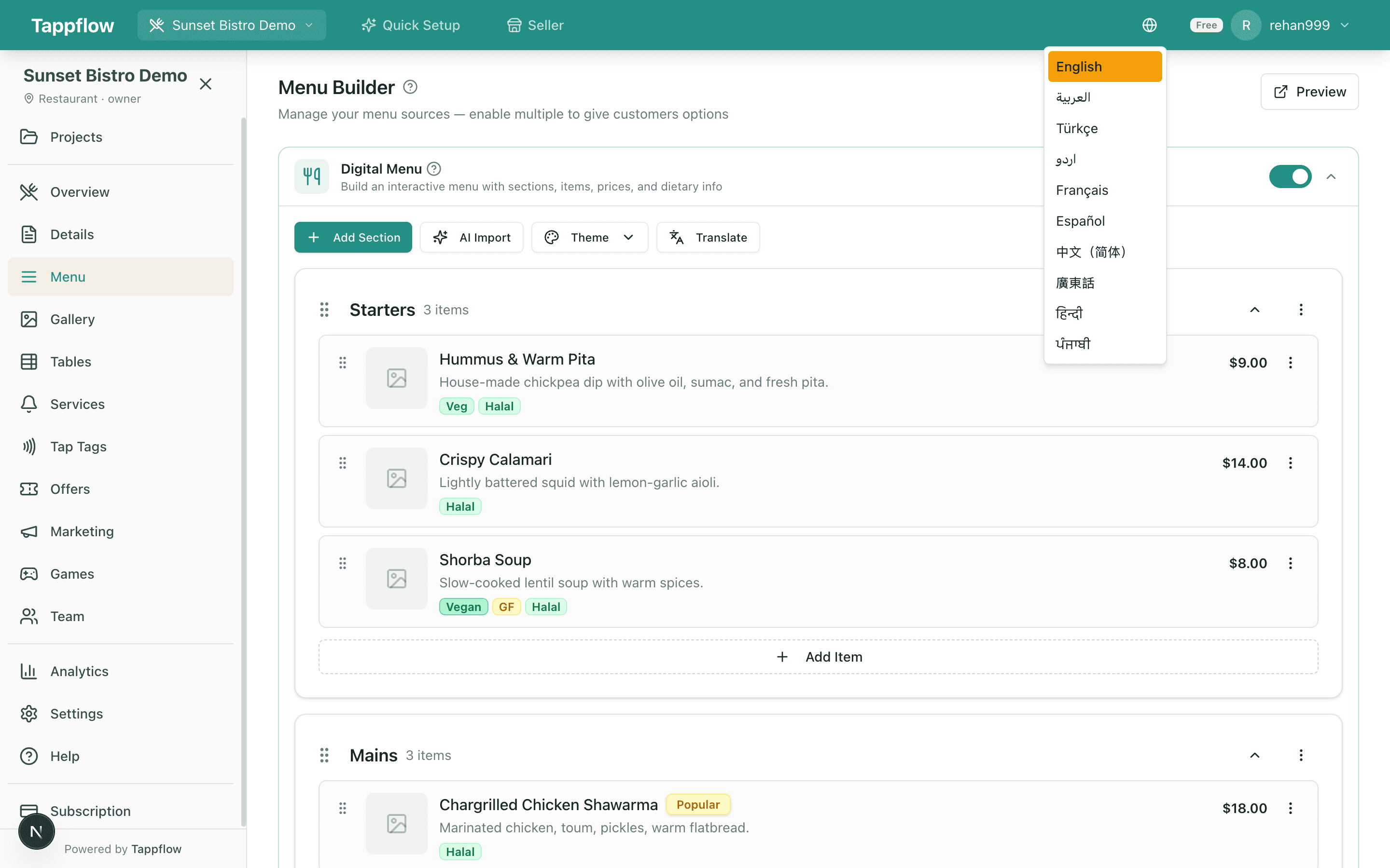 Tappflow translation panel β translating a restaurant menu into 44 languages from one dashboard