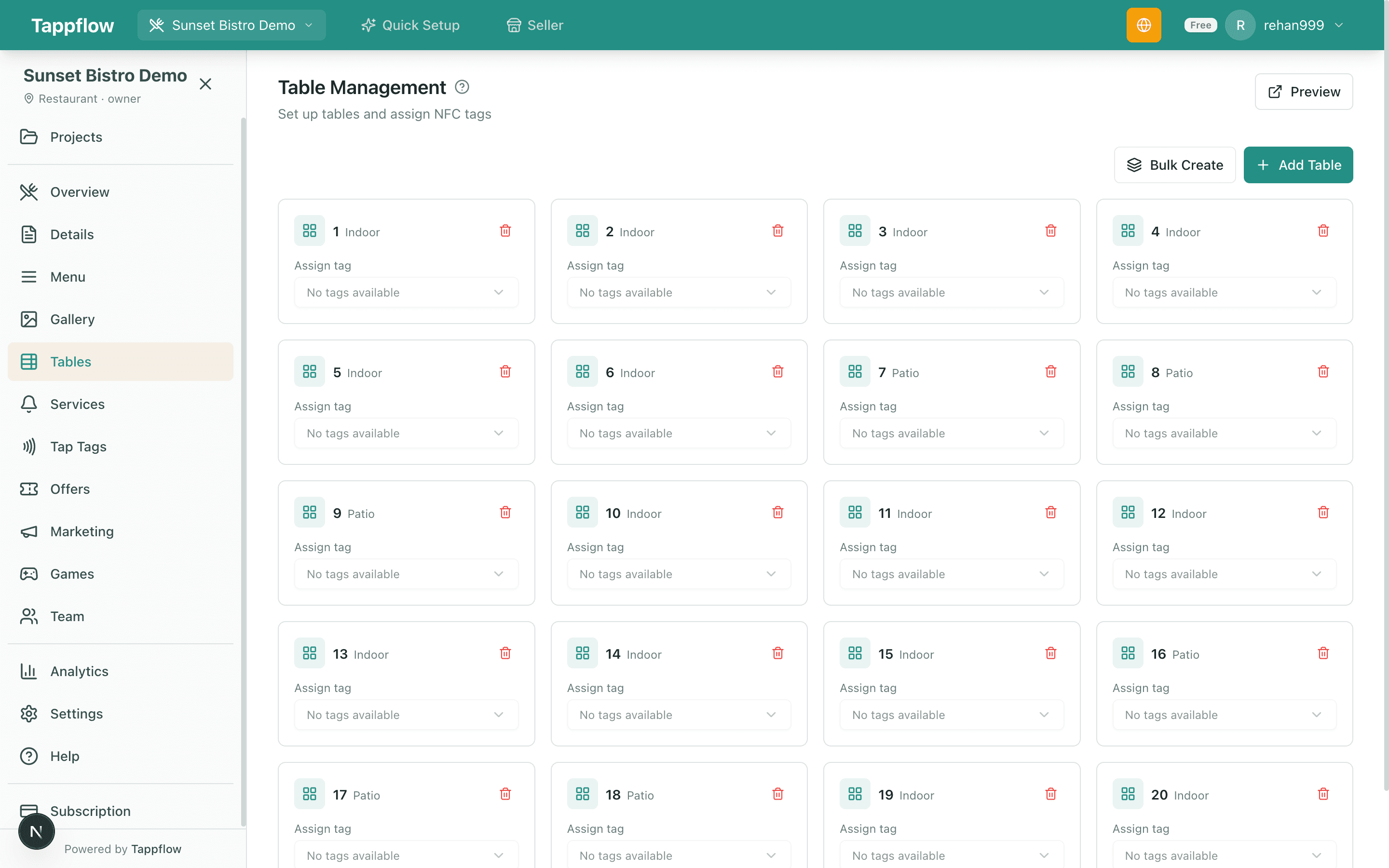 Tappflow tables management β create tables and zones for restaurant QR menus