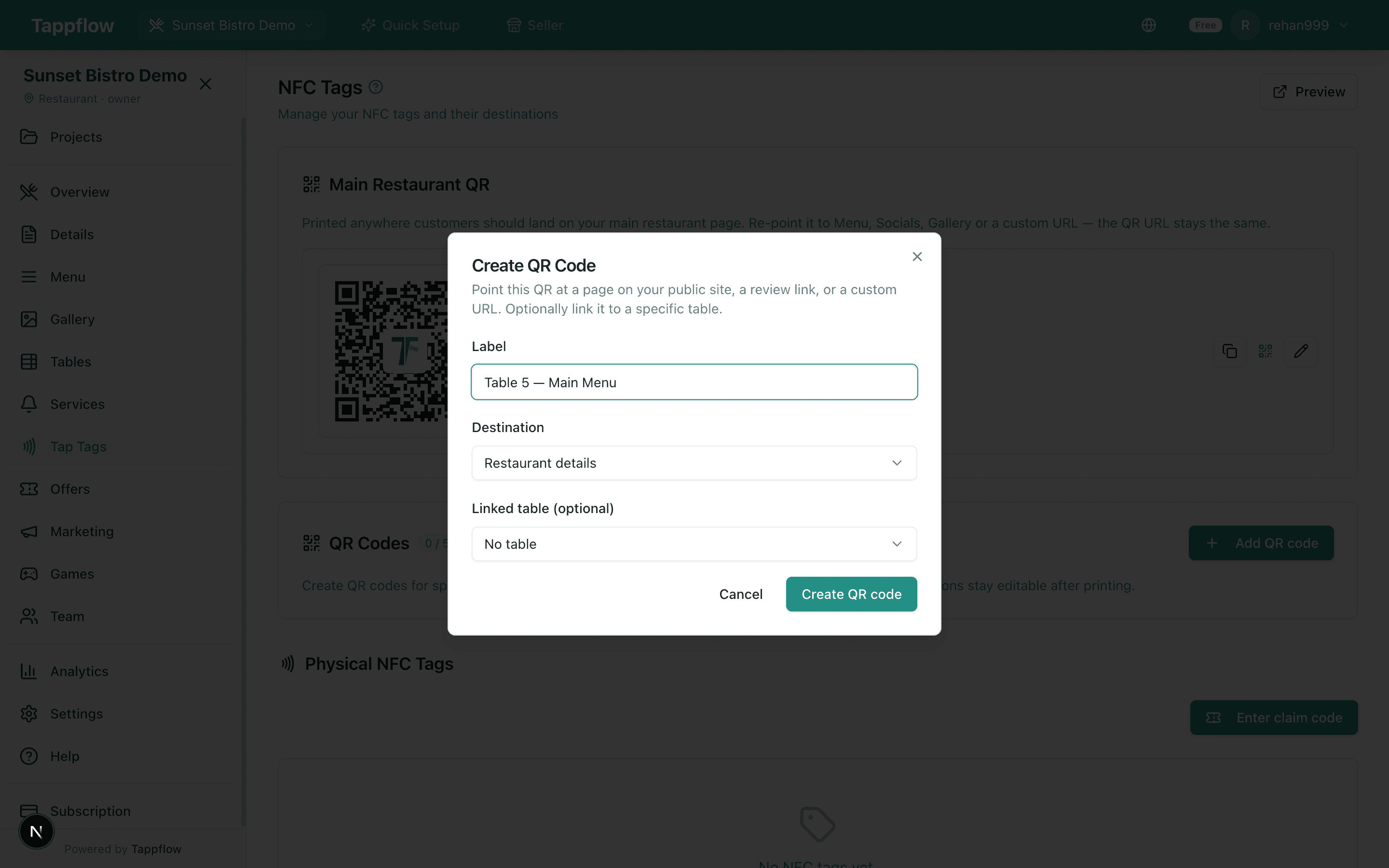 Create QR code dialog with destinations for digital menu, restaurant details, reviews, or a custom URL