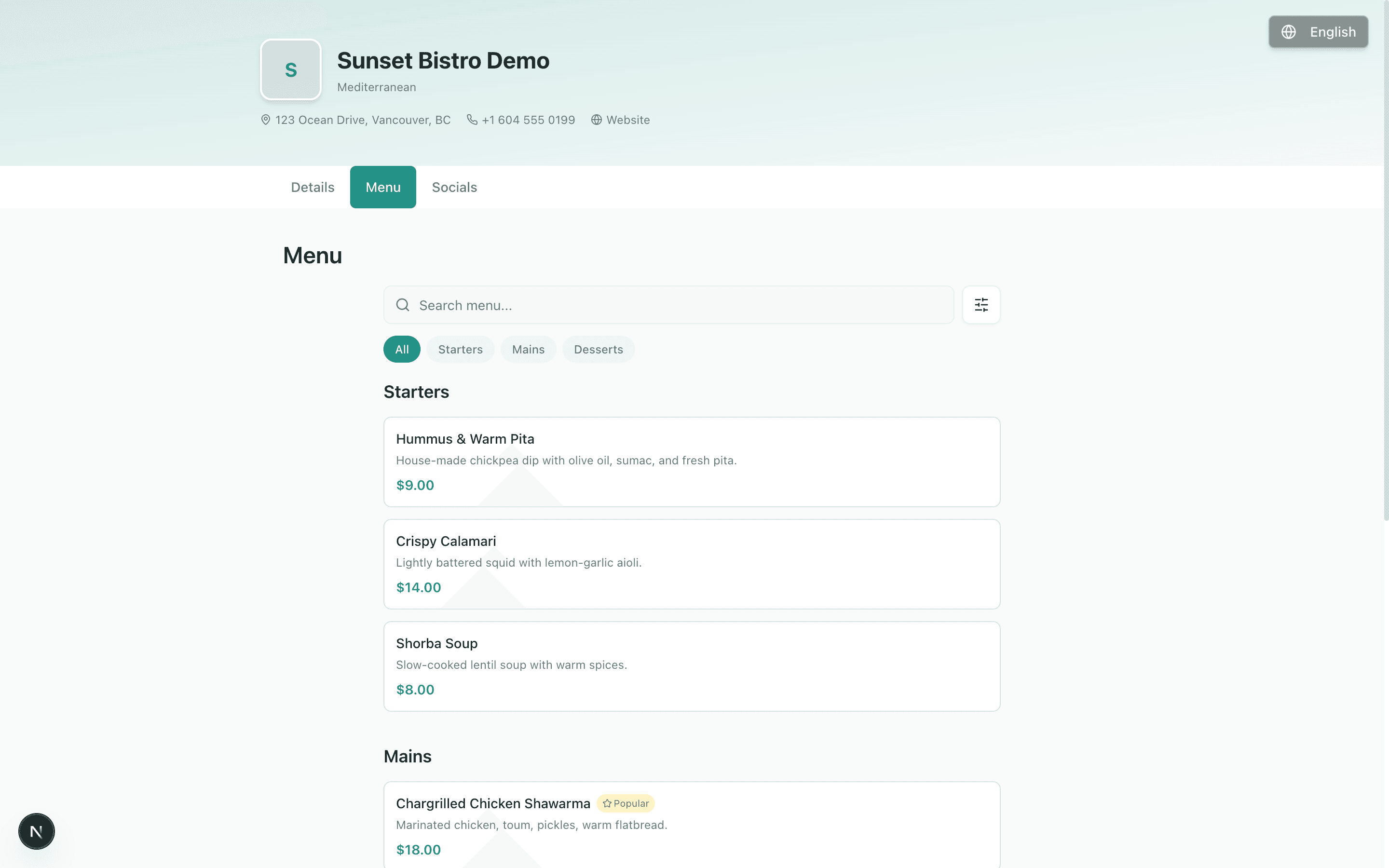 Public restaurant page β the digital menu guests see after scanning the QR code