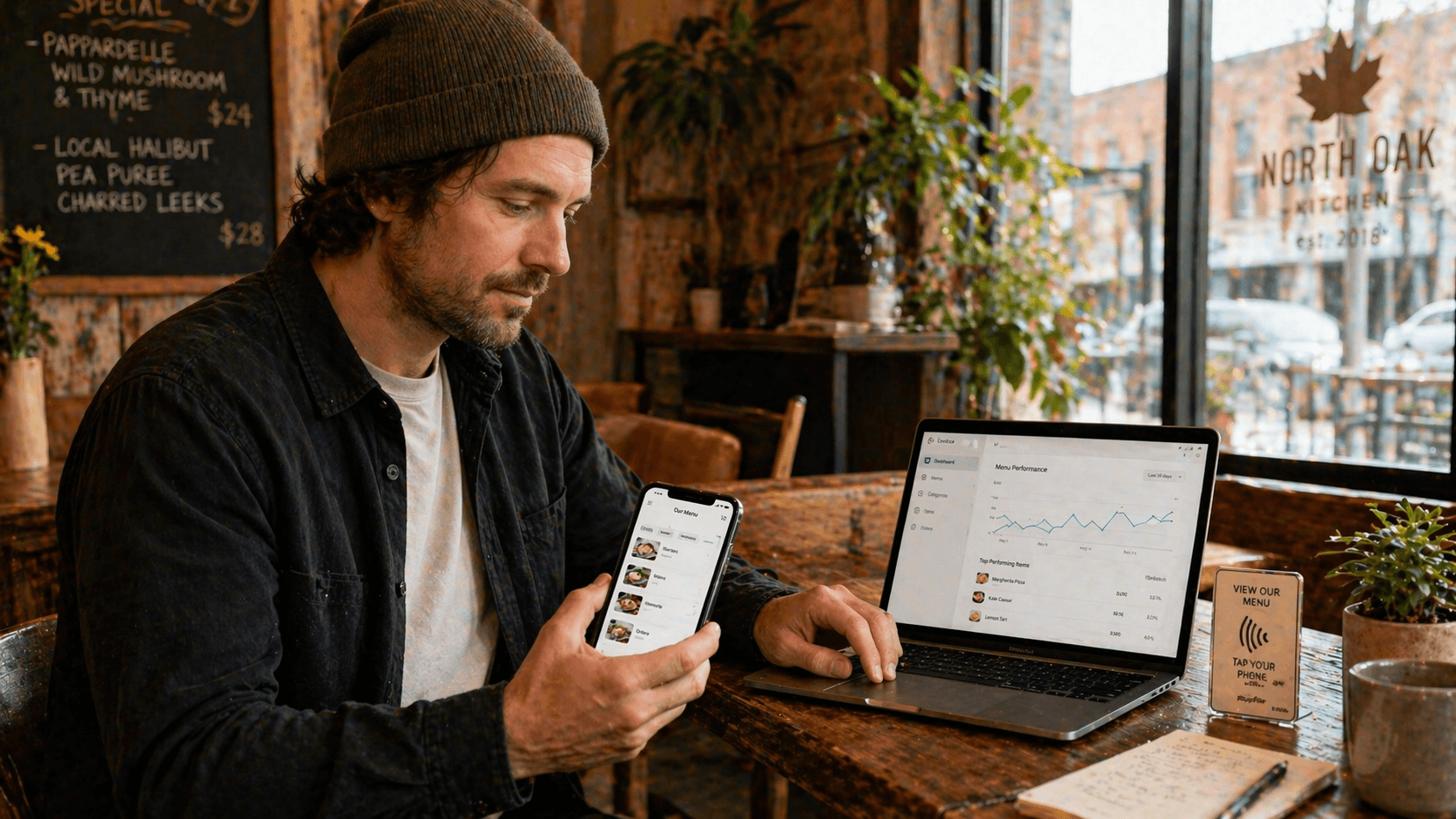 A small restaurant owner on their phone reviewing a digital menu dashboard