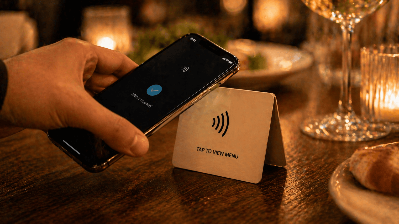 A guest tapping a phone against an NFC tag embedded in a restaurant table card