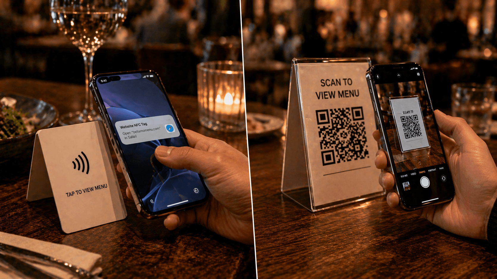 A phone tapping an NFC tag on one side of the frame, a phone scanning a QR code on the other