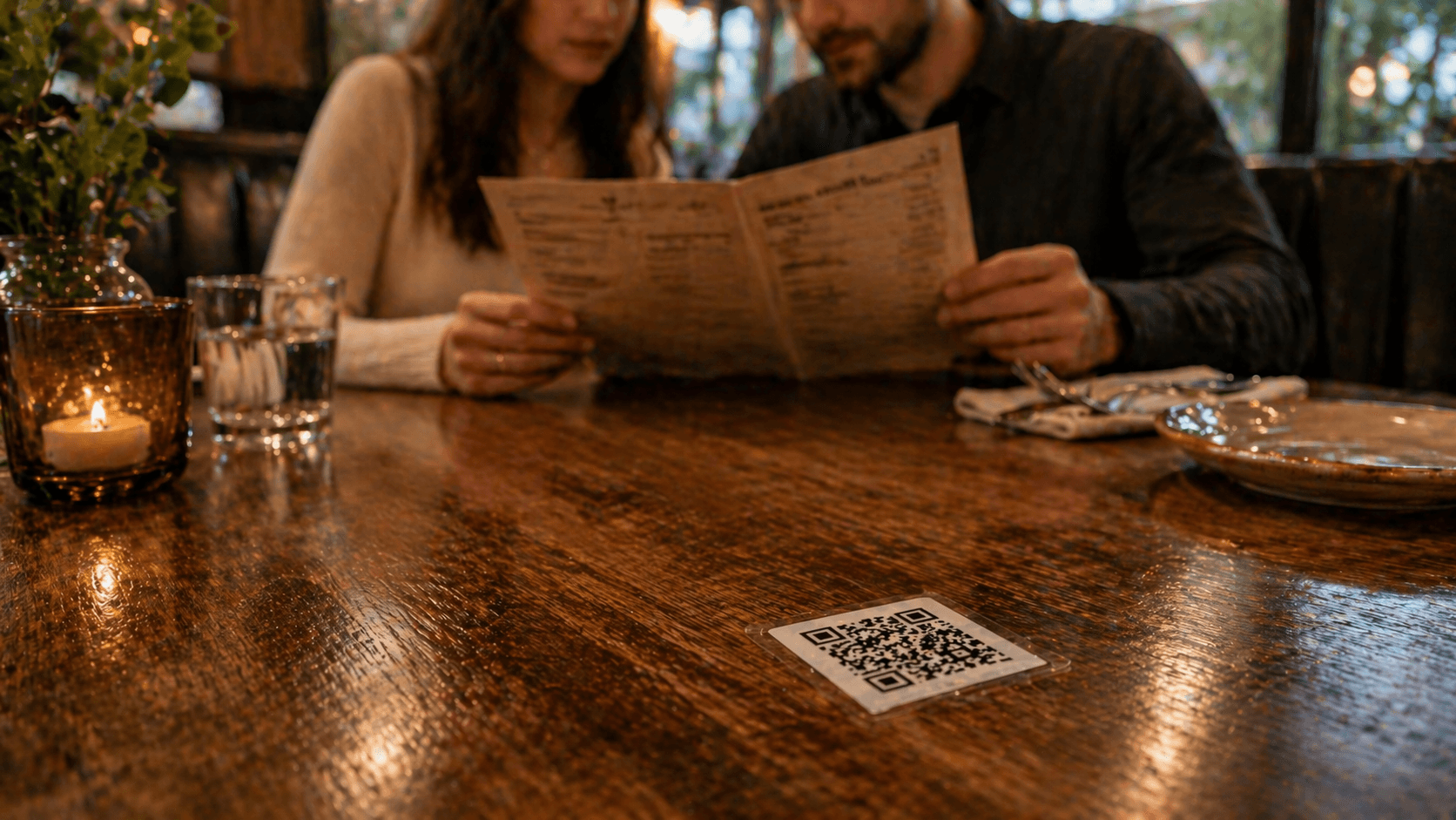 A QR code sticker on a restaurant table ignored while guests read a printed paper menu