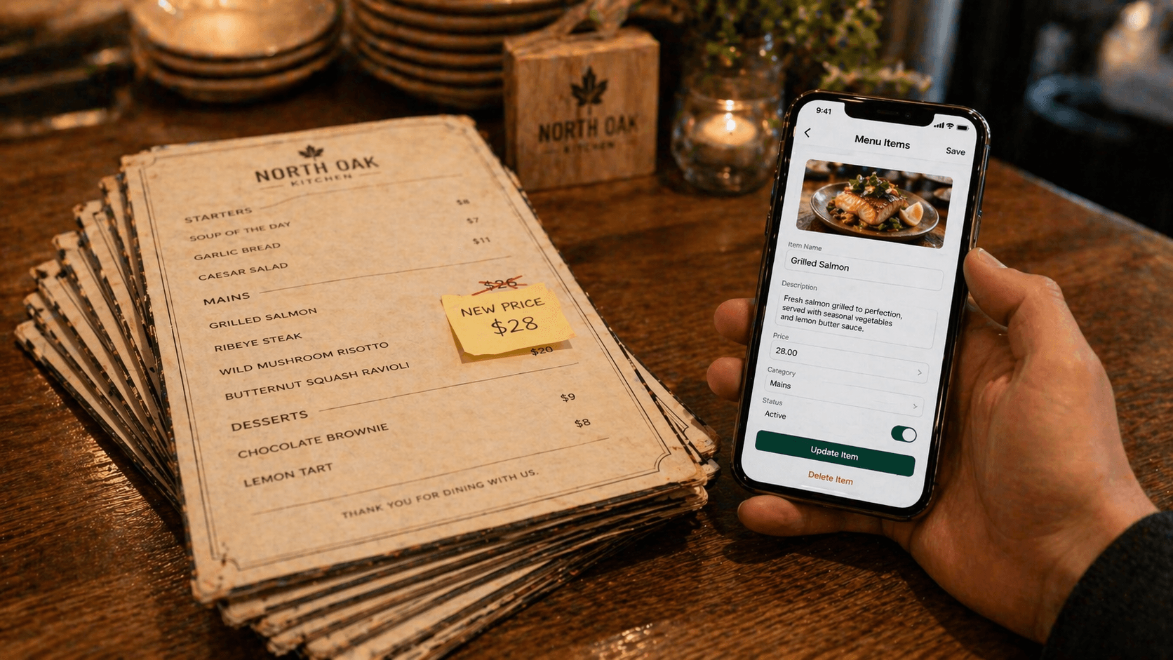 A stack of outdated printed menus next to a phone displaying a live, editable digital menu